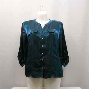 Elementz Women's Shiny Button-Down Shirt Mandarin-Collar SIZE XL